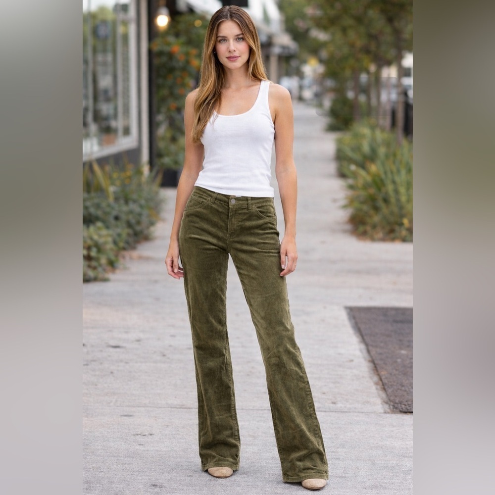 PAIGE Size 26 (US Size 2) Olive Corduroy Flare Pants